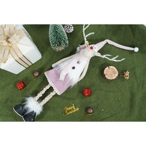 Ornament de Craciun ren cu picioare telescopice, roz/alb, textil, 72 cm