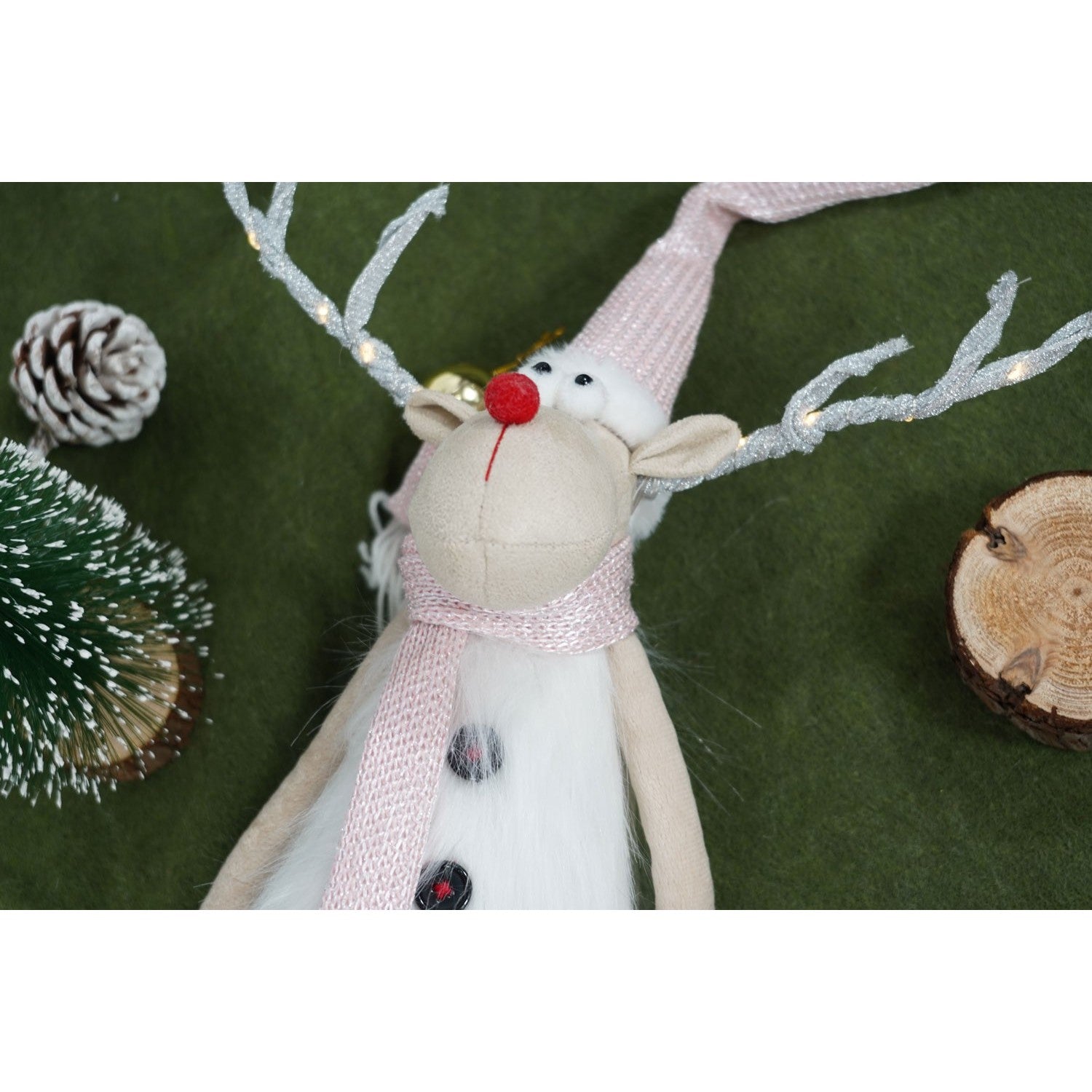 Ornament de Craciun ren cu picioare telescopice, roz/alb, textil, 72 cm