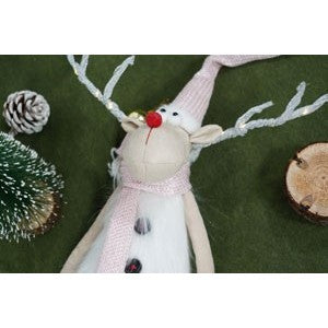 Ornament de Craciun ren cu picioare telescopice, roz/alb, textil, 72 cm