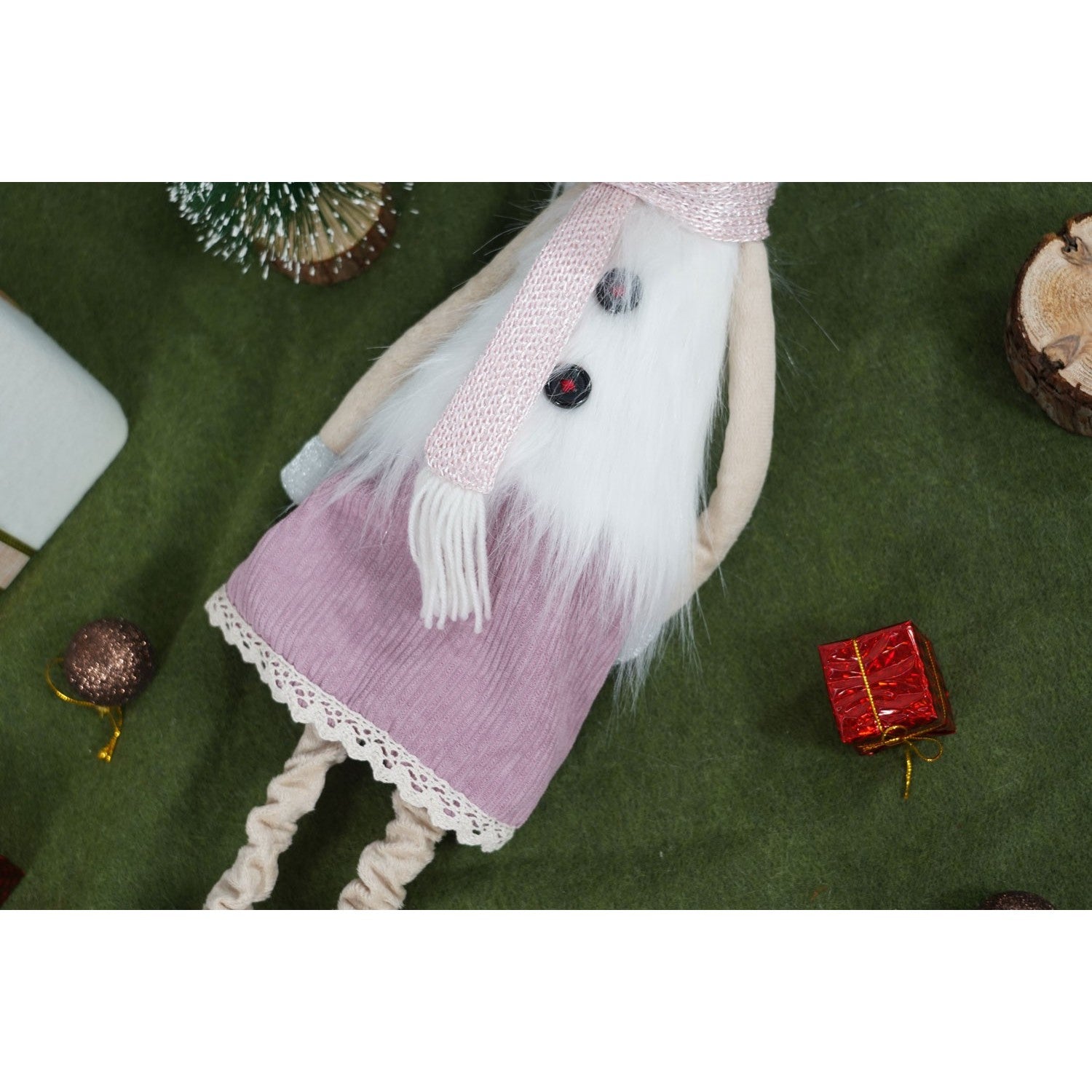 Ornament de Craciun ren cu picioare telescopice, roz/alb, textil, 72 cm
