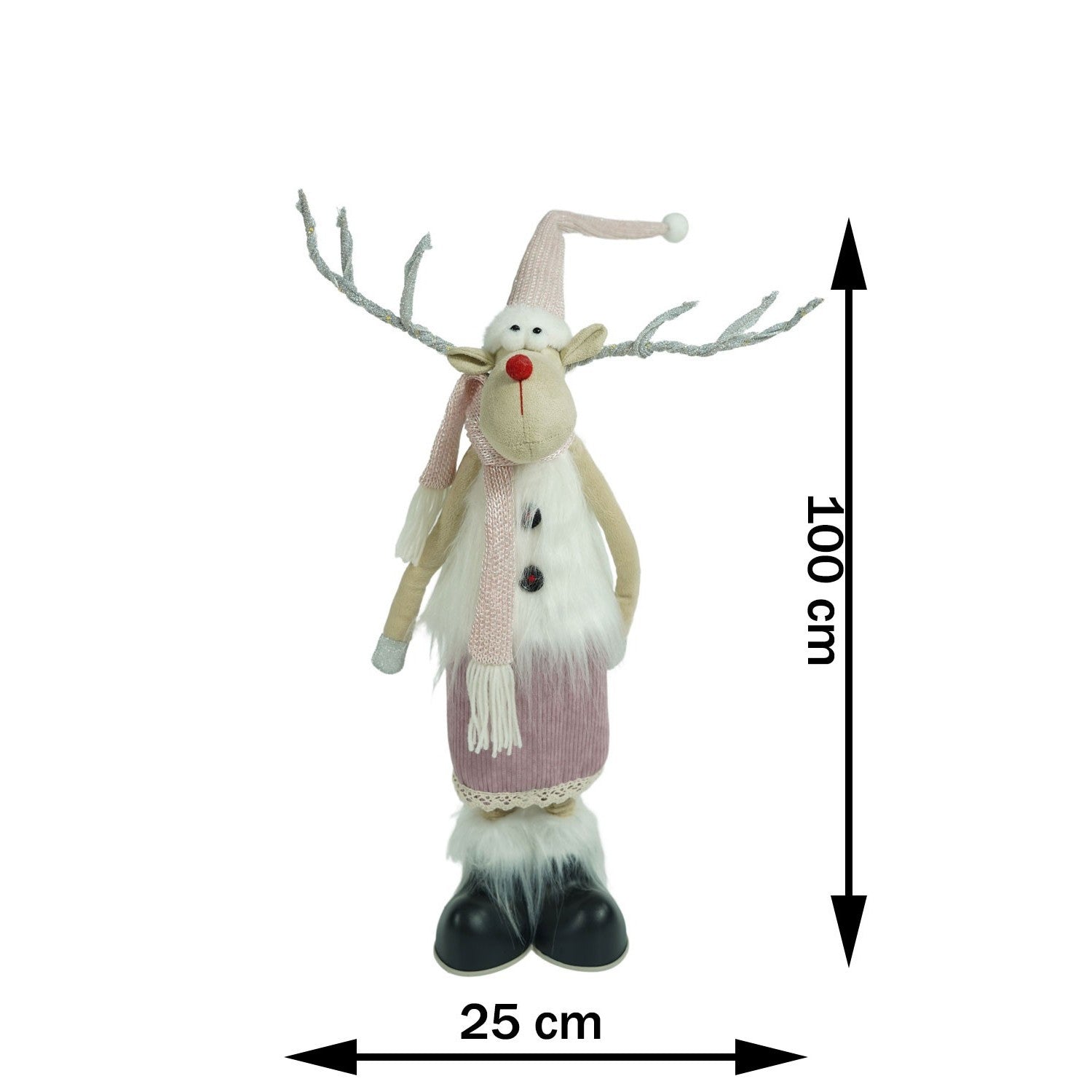 Ornament de Craciun ren cu picioare telescopice, roz/alb, textil, 72 cm
