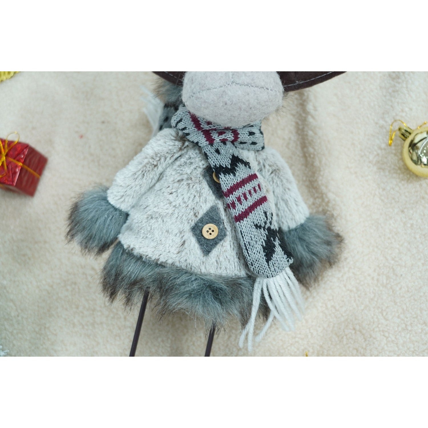 Ornament de Craciun ren, gri/alb, textil, 40 cm