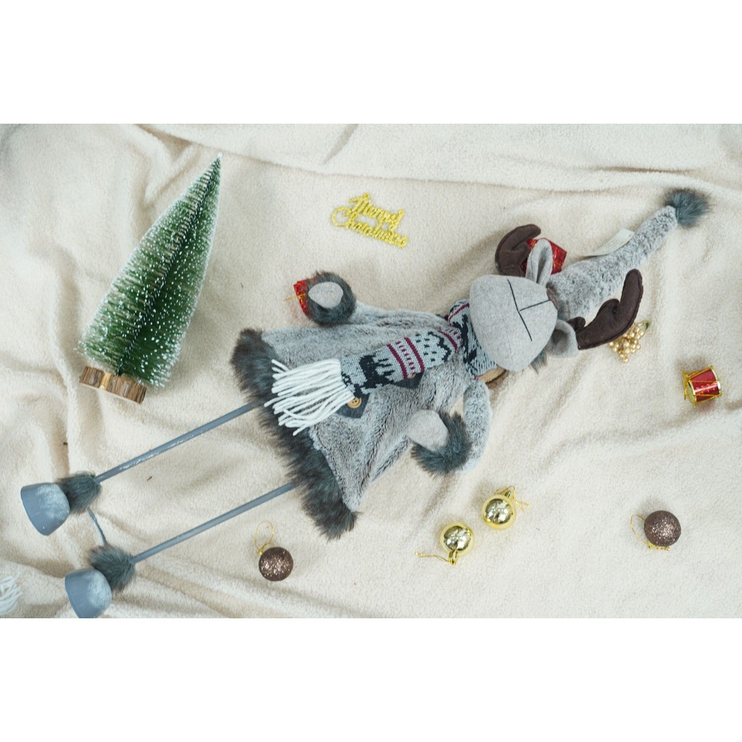 Ornament de Craciun ren, gri/alb, textil, 73 cm