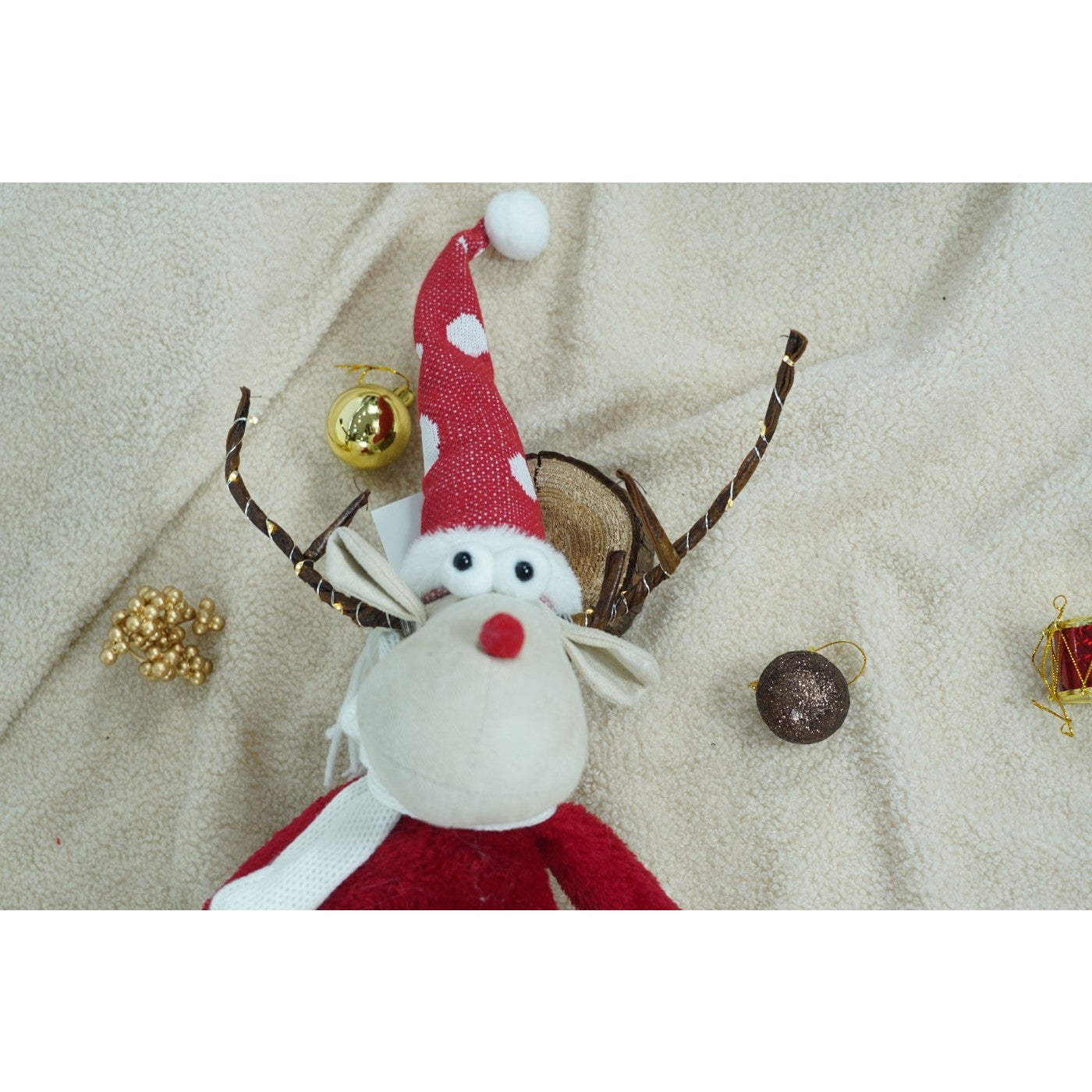 Ornament de Craciun ren, rosu/alb, textil, 55 cm