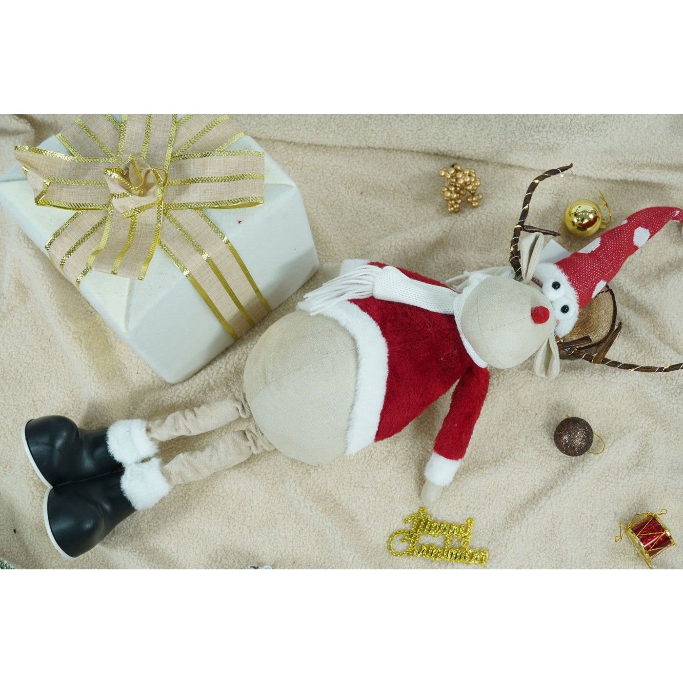 Ornament de Craciun ren, rosu/alb, textil, 70 cm