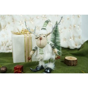 Ornament de Craciun ren pe schiuri, alb/verde, textil, 33 cm
