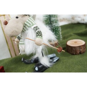 Ornament de Craciun ren pe schiuri, alb/verde, textil, 33 cm