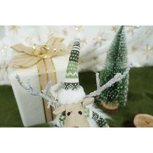 Ornament de Craciun ren pe schiuri, alb/verde, textil, 33 cm