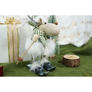 Ornament de Craciun ren pe schiuri, alb/verde, textil, 33 cm