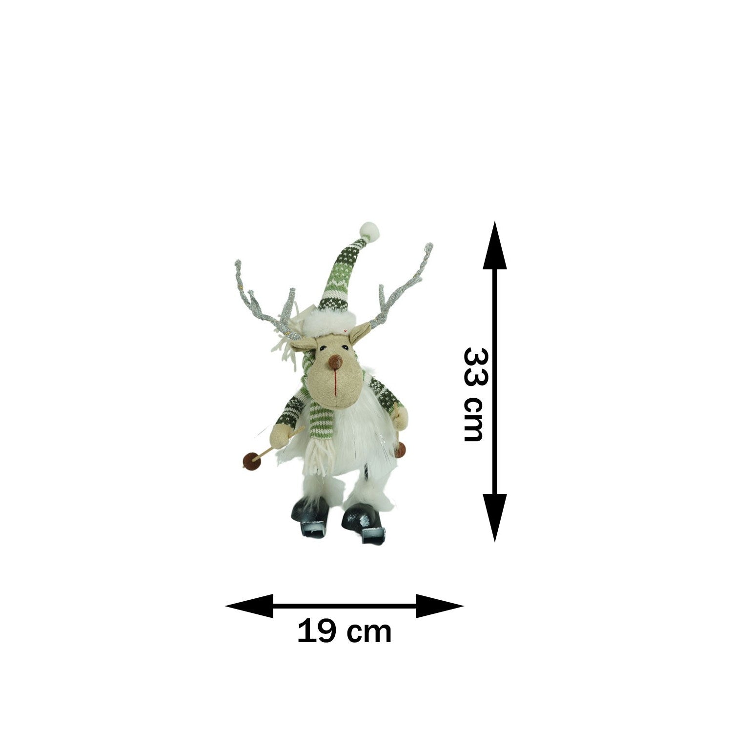 Ornament de Craciun ren pe schiuri, alb/verde, textil, 33 cm