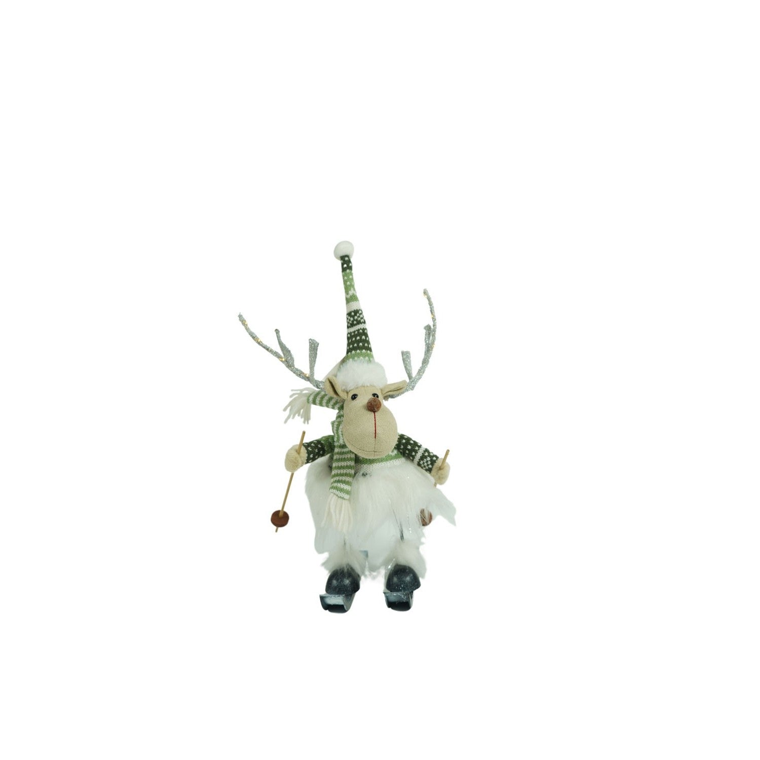 Ornament de Craciun ren pe schiuri model 2, alb/verde, textil, 33 cm