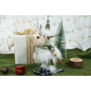 Ornament de Craciun ren pe schiuri model 2, alb/verde, textil, 33 cm