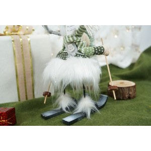 Ornament de Craciun ren pe schiuri model 2, alb/verde, textil, 33 cm