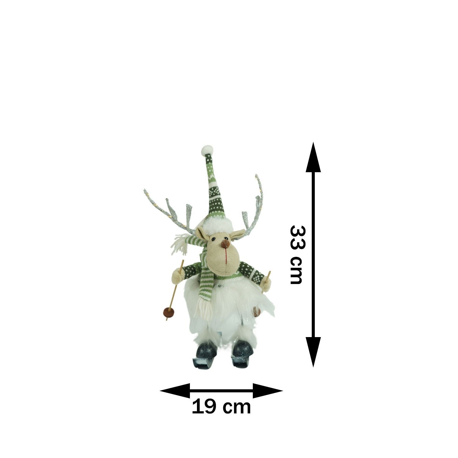 Ornament de Craciun ren pe schiuri model 2, alb/verde, textil, 33 cm
