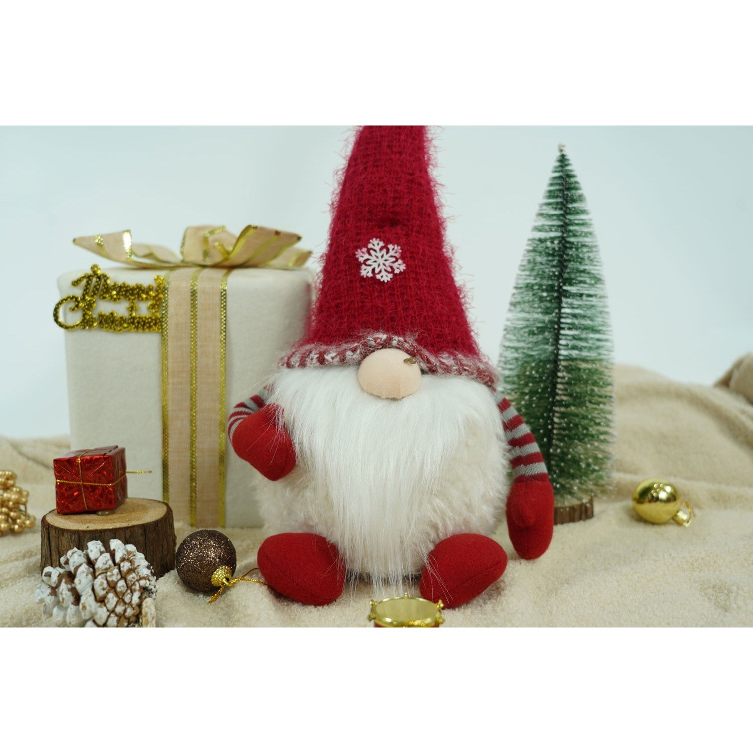 Ornament de Craciun spiridus, gri/alb, textil, 58 cm