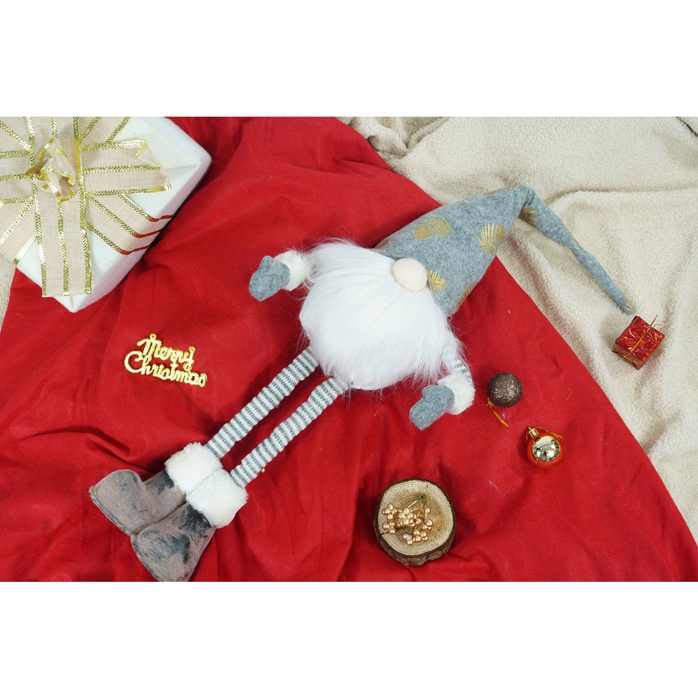 Ornament de Craciun spiridus, gri/alb, textil, 80 cm