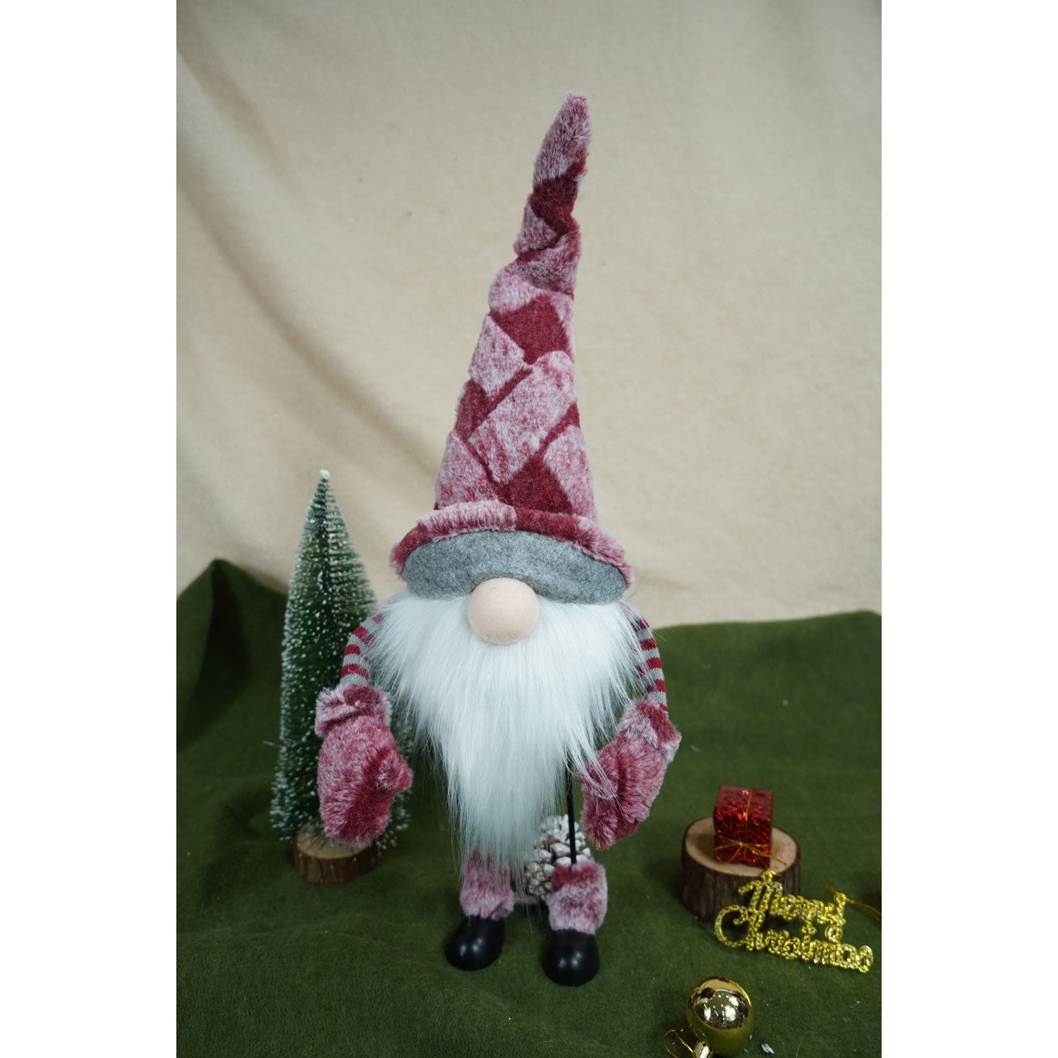 Ornament de Craciun spiridus, roz/alb, textil, 55 cm