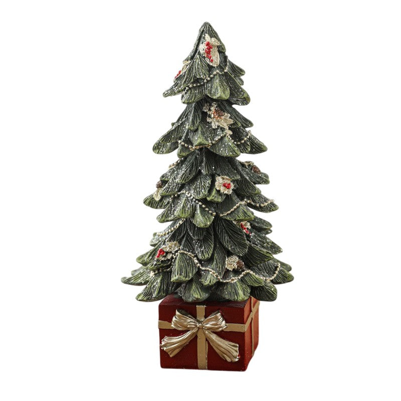 Ornament Decoratiune de Craciun, Decoratiune Mica pentru Craciun din Rasina, Model Brad Impodobit cu Cadouri, 26.5 x 13 x 13 cm, Verde