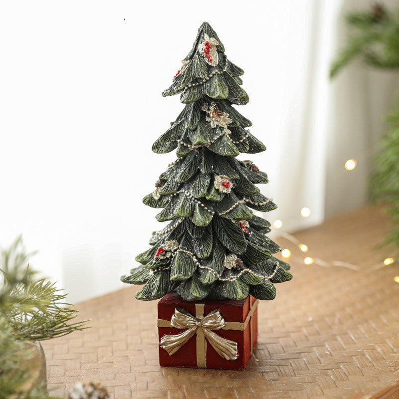 Ornament Decoratiune de Craciun, Decoratiune Mica pentru Craciun din Rasina, Model Brad Impodobit cu Cadouri, 26.5 x 13 x 13 cm, Verde