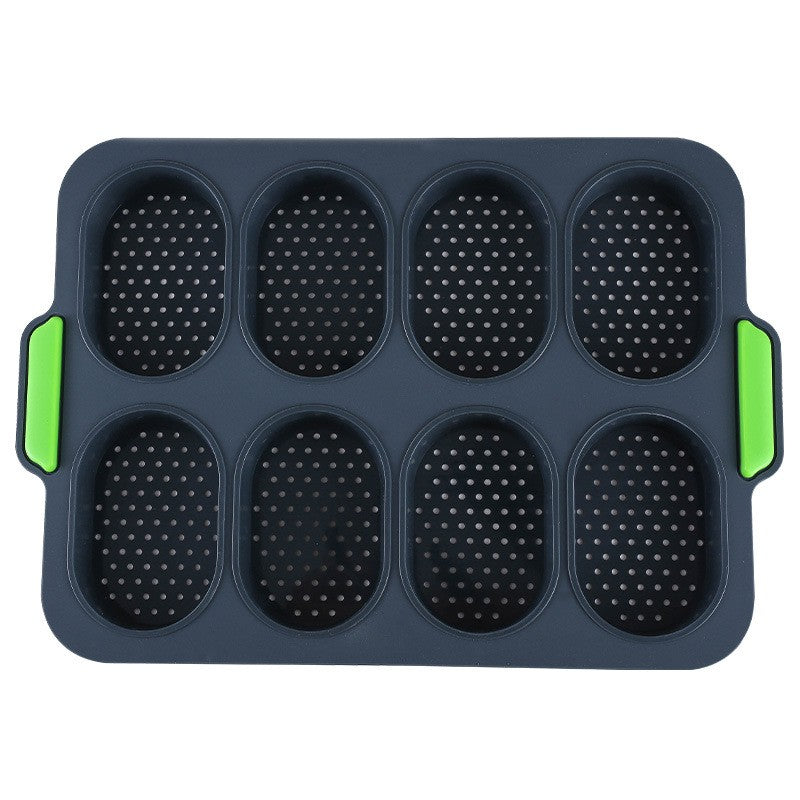 Forme de Silicon pentru Copt, 8 Forme Ovale, pentru Paine si Prajituri, 34.5 x 23.8 x 2.5 cm, Negru/Verde