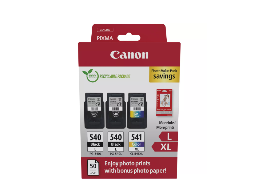 Canon pachet cartuse cearneala PG-540L X2 /CL-541XL Photo value pack, capacitate negru: 2 X 300 pagini/11ml, Color: 400 pagini / 15ml, Compatibil cu: PIXMA GM2050, PIXMA MG2140, PIXMA MG2150, PIXMA MG2155, PIXMA MG2250, PIXMA MG3140, PIXMA MG3150, PIXMA M