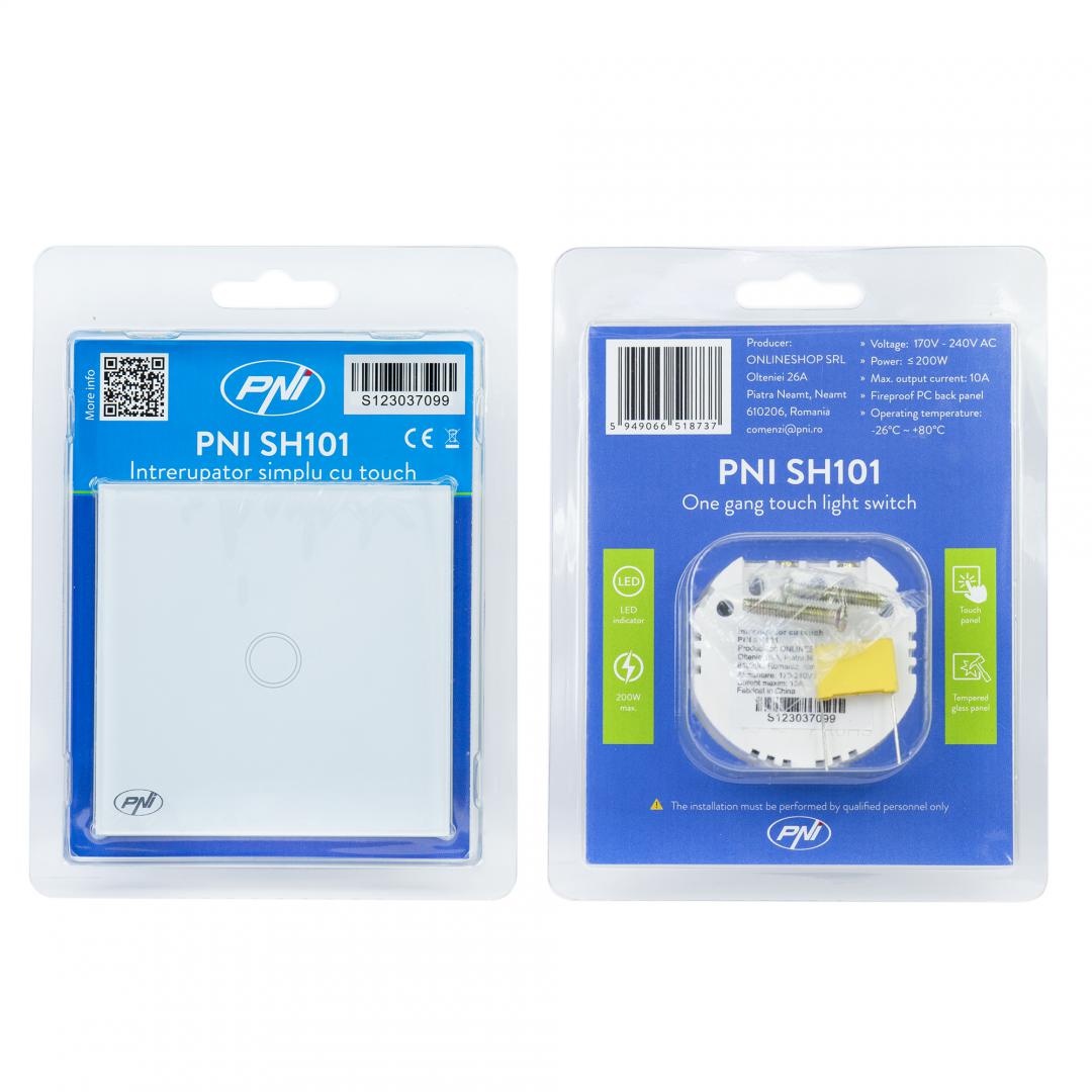 Intrerupator cu touch PNI SH101 alb cu LED indicator cu panoul frontal din sticla temperata transparenta, iar carcasa din spate rezistenta la foc. Poate fi utilizata la o putere maxima de 100W pentru becurile cu LED, iar pentru becurile clasice de maxim 2