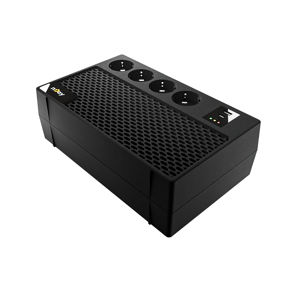 UPS nJoy Renton 650 Plus, 650VA / 360W, 4x prize Schuko conectate la baterie, 1x port incarcare USB Tip C 33W, 1x port de incarcare USB Tip A 18W, fara display LCD, tensiune nominala de intrare 230V  Caracteristici Stabilizator (AVR) de tip Boost and Buck