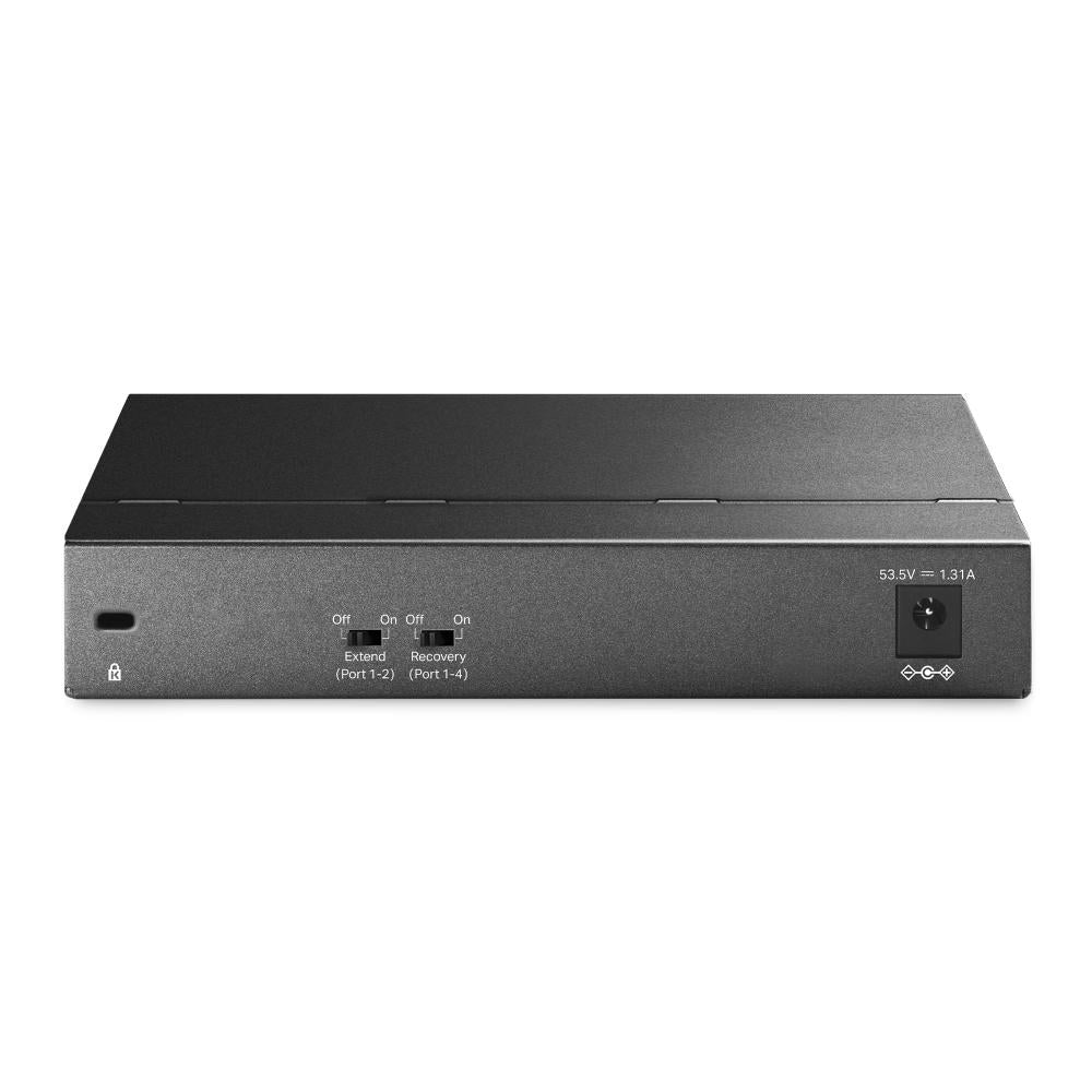 "6-Port Gigabit Desktop Switch with 3-Port PoE+ and 1-Port PoE++ PORT: 1× Gigabit PoE++ Port, 3× Gigabit PoE+ Ports, 2x Gigabit Non-PoE Ports SPEC: 802.3af/at/bt type3, 64 W PoE Power,  Desktop Steel Case FEATURE: Extend Mode for 250m PoE Transmitting for