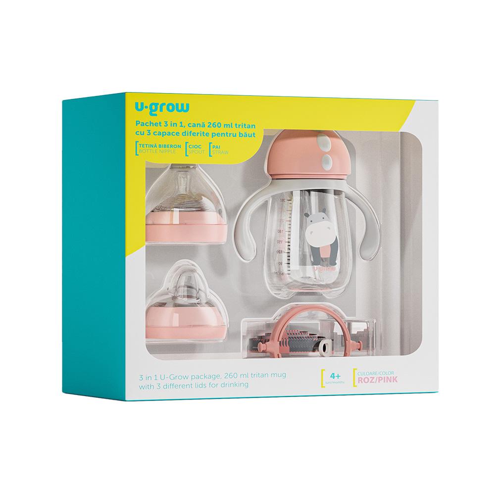 Pachet 3 in 1 cana 260 ml, roz, U-Grow