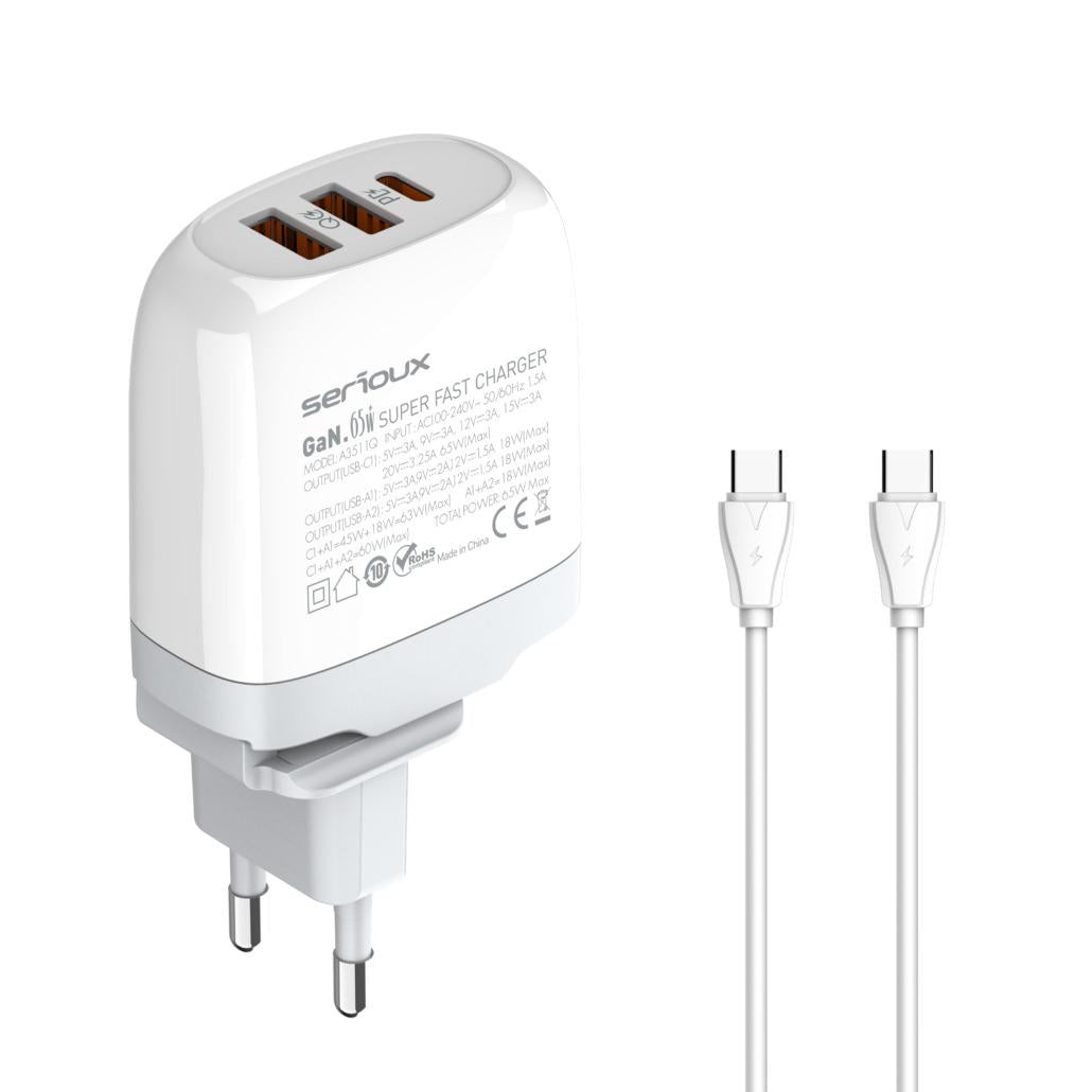 Incarcator retea Serioux 65W GAN QC, Intrare: AC100-240V~ 50/60Hz 1.5A, Ieșire (USB-C1): 5V-3A 9V-3A 12V-3A 15V-3A 20V=3.25A 65W(Max), Ieșire (USB-A1): 5V-3A 9V-2A 12V=1.5A 18W(Max), Ieșire (USB-A2): 5V-3A 9V-2A 12V 1.5A 18W(Max), A1+A2=18W(Max), C1+A1=45