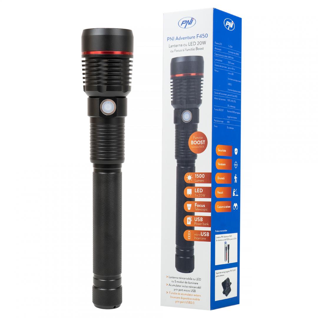 Pni Lanterna LED Aluminiu 1500LM 4400MAH (Lanterna Pni Adventure F450 din aluminiu cu focus si functie Boost)