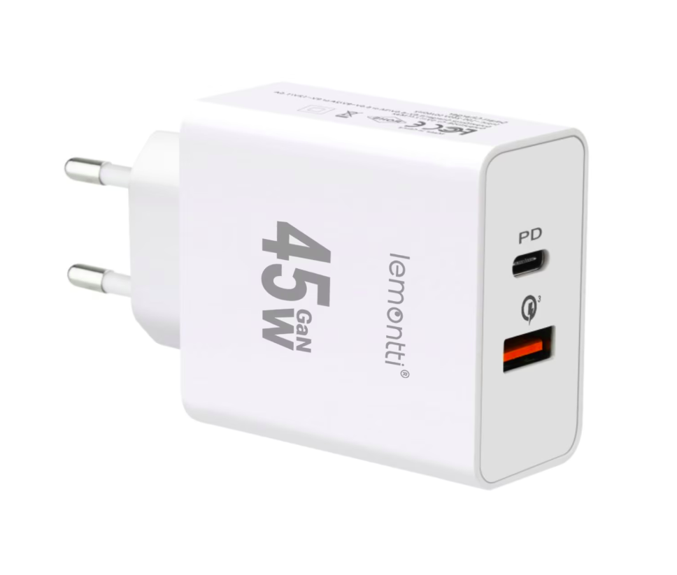 Lemontti Fast Charge 45W Alb (Lemontti Incarcator Retea GaN Fast Charge 45W 1 x PD Type-C + 1 x USB-A Quick...)