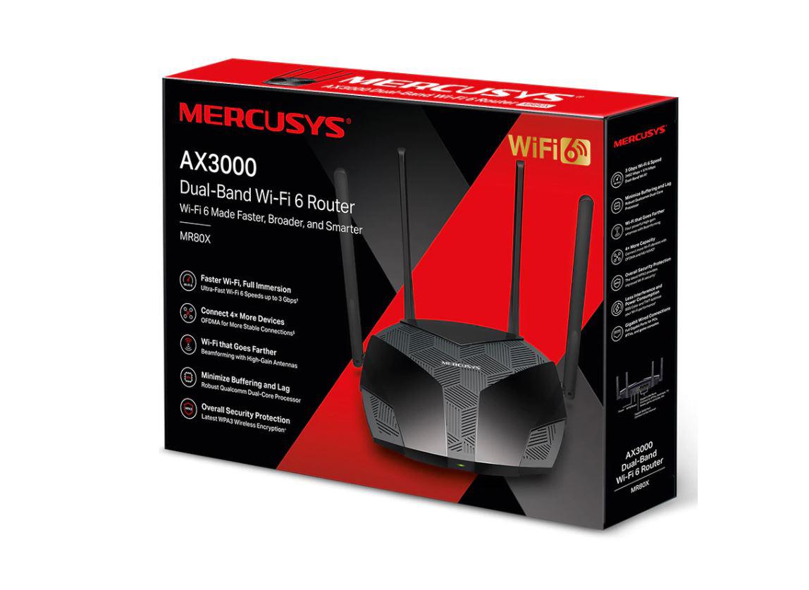 Mercusys Router, AX3000, MU-MIMO, Dual-Band, WPA3, Standarde wireless: Wi-Fi 802.11ax/ac/a/b/g/n, Rata semnal: 2402 Mbps (5 GHz) + 574 Mbps (2.4 GHz), Securitate Wireless:  WEP, WPA / WPA2-Personal, WPA2 / WPA3-Personal, Interfață: 1× Port WAN Gigabit + 3