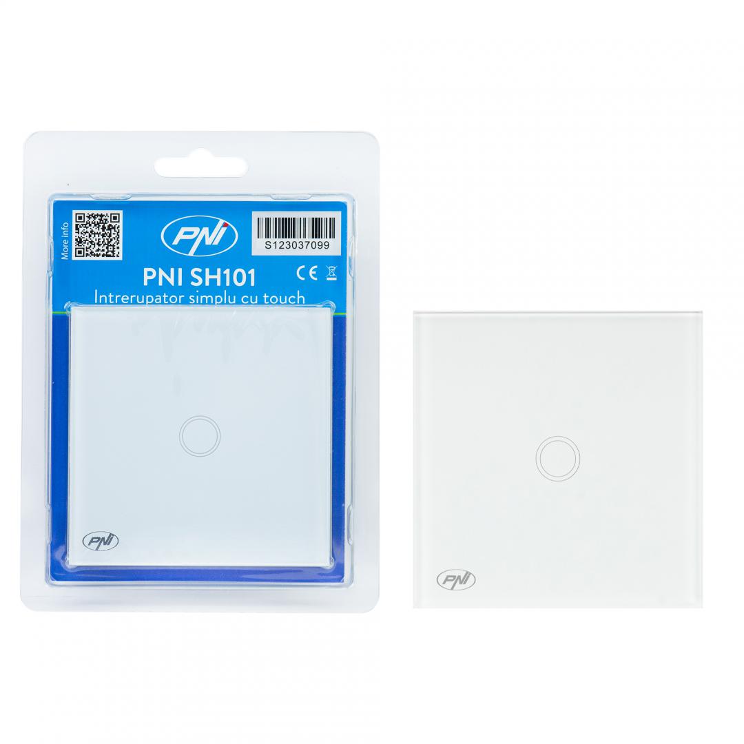 Intrerupator cu touch PNI SH101 alb cu LED indicator cu panoul frontal din sticla temperata transparenta, iar carcasa din spate rezistenta la foc. Poate fi utilizata la o putere maxima de 100W pentru becurile cu LED, iar pentru becurile clasice de maxim 2