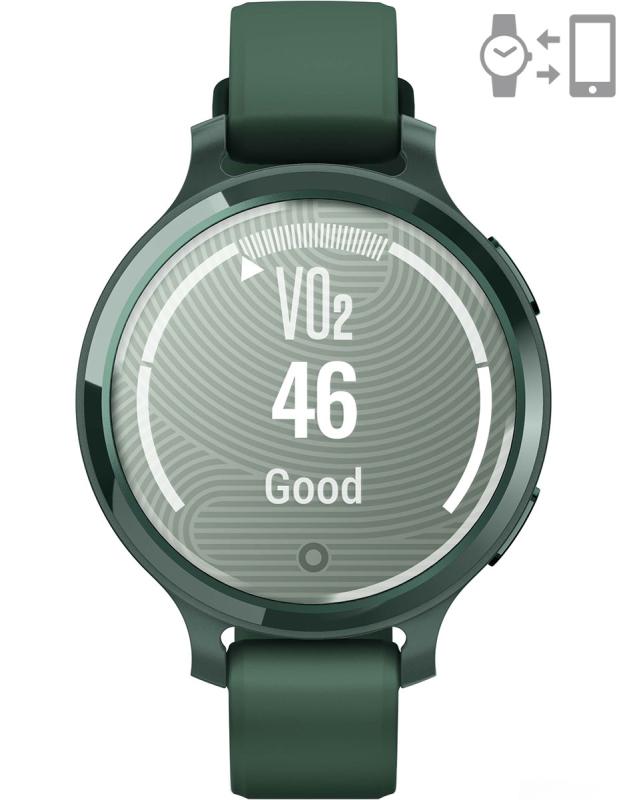 Ceas Garmin Lily 2 Active, display AMOLED, dimensiune afisaj 25,4 mm x 21,3 mm,rezolutie afisaj 240 x 201 pixeli, memorie 8GB, autonomie pana la 9 zile, rezistanta la apa pana la 5 ATM, greutate: 24,4g, ramă Jasper Green şi curea Jasper Green din silicon