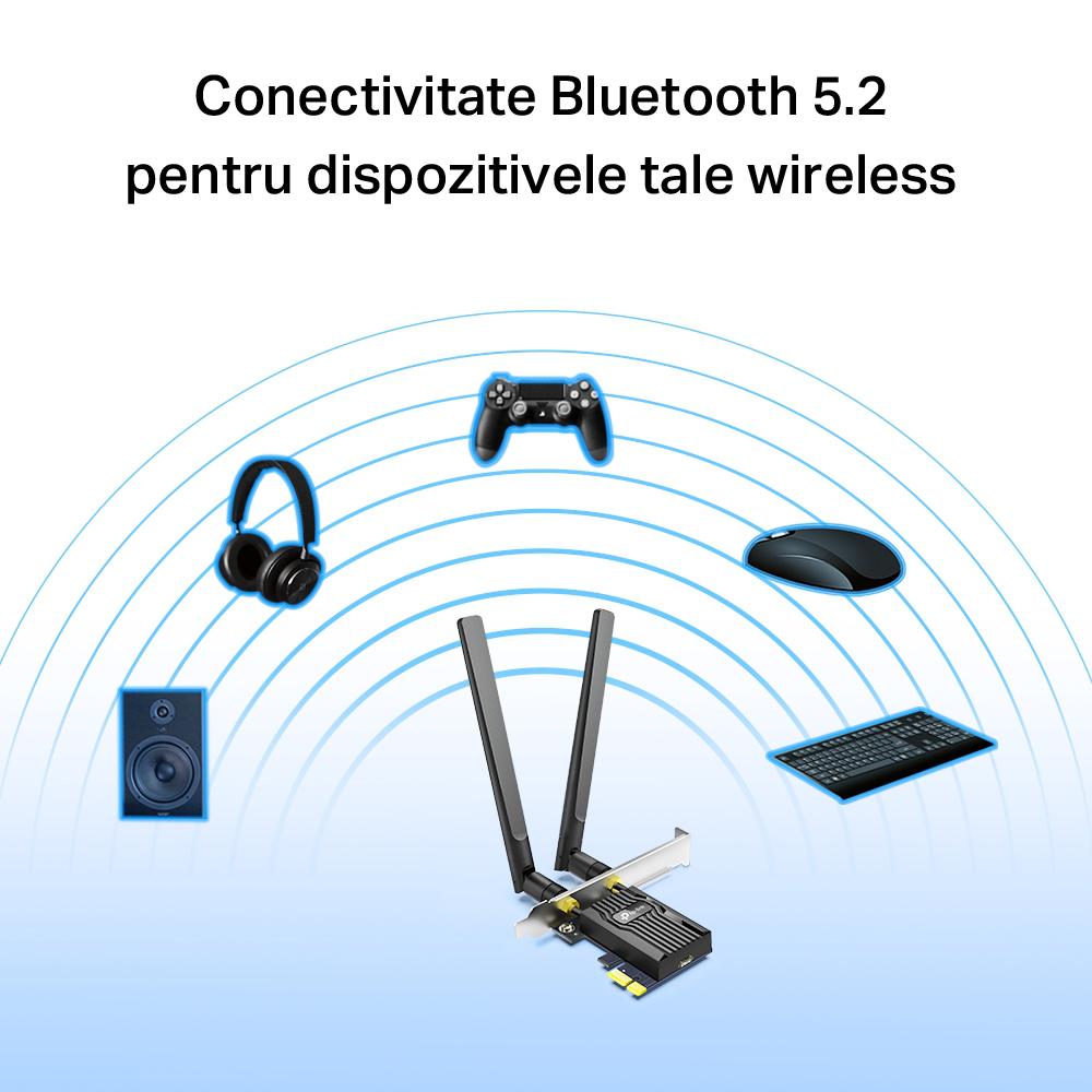 TP-Link Adaptor PCle Wi-Fi 6 AX3000 WI-FI 6 cu Bluetooth 5.2 ARCHER TX55E, 2× Antene Dual-Band High-Gain, Standarde wireless: IEEE 802.11ax/ac/n/a 5 GHz IEEE 802.11ax/n/g/b 2.4 GHz, Bluetooth 5.2/5.0/4.2/4.0, Viteza wireless: 5 GHz-Up to 2402 Mbps, 2.4Ghz