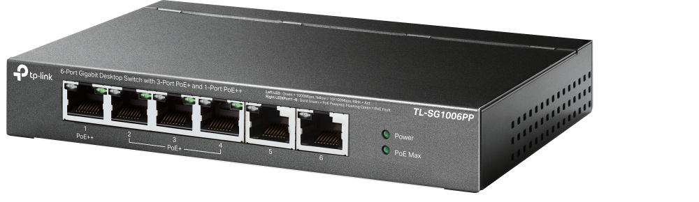 "6-Port Gigabit Desktop Switch with 3-Port PoE+ and 1-Port PoE++ PORT: 1× Gigabit PoE++ Port, 3× Gigabit PoE+ Ports, 2x Gigabit Non-PoE Ports SPEC: 802.3af/at/bt type3, 64 W PoE Power,  Desktop Steel Case FEATURE: Extend Mode for 250m PoE Transmitting for