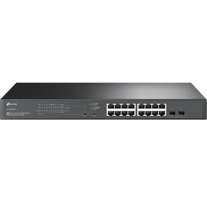 "JetStream™ 18-Port Gigabit Smart Switch with 16-Port PoE+ PORT: 16× Gigabit RJ45 Ports, 2× Gigabit SFP Slots SPEC: 802.3at/a