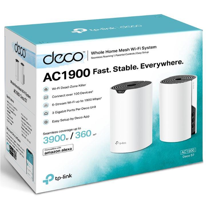 TP-Link Sistem Mesh Wi-Fi pentru întreaga casă AC1900, DECO S7(2- PACK);WI-FI 5, Standarde wireless: IEEE 802.11ac/n/a 5 GHz, IEEE 802.11n/b/g 2.4 GHz, viteza wireless: 5 GHz: 1300 Mbps, 2.4 GHz: 600 Mbps, 3 x antene interne, MU-MIMO, Mod Router, Mod Acce