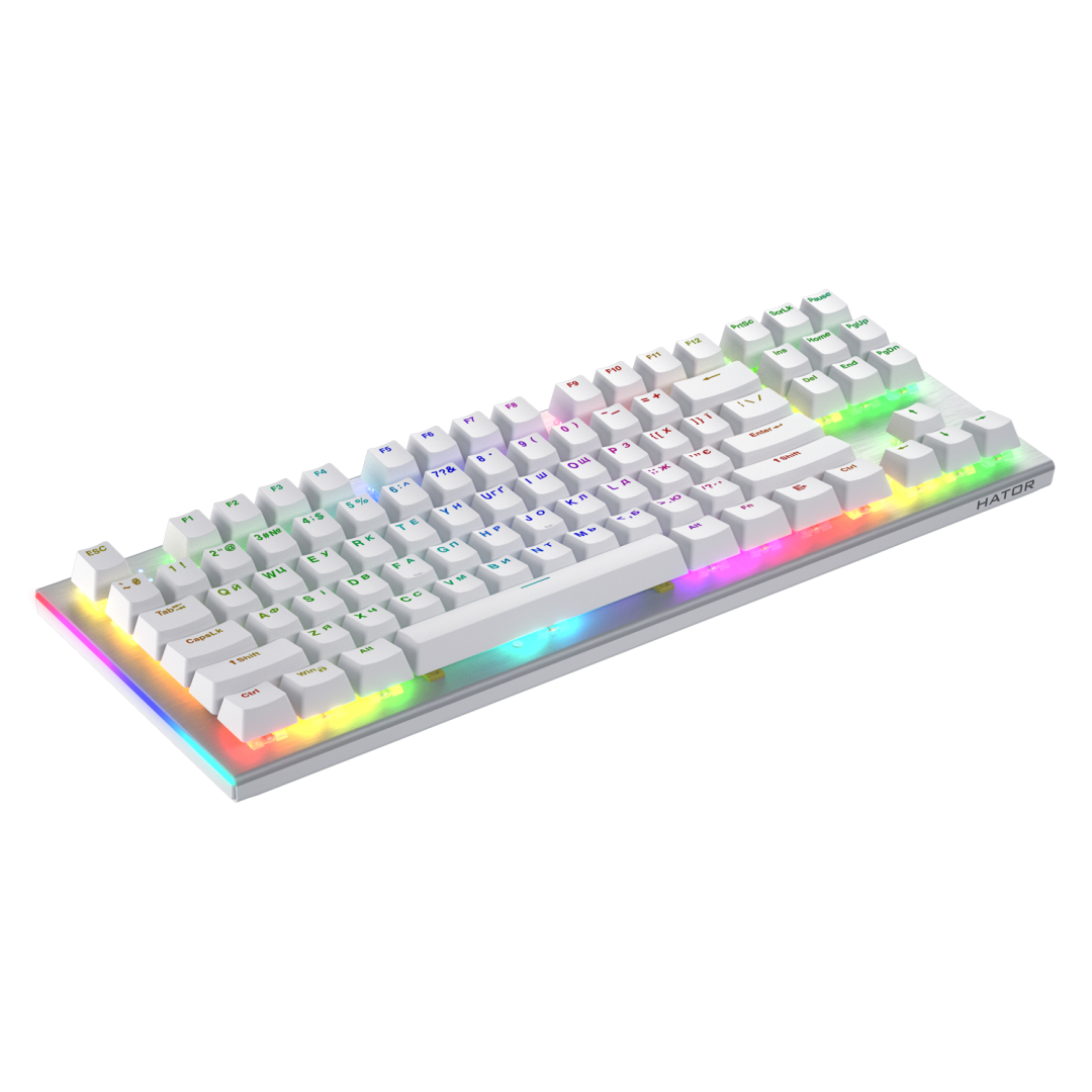 Tastatura mecanica cu fir Hator Gravity X TKL conectivitate USB, polling rate 1000Hz, iluminare RGB cu functia de a customiza fiecare tasta individual, tip switch HATOR Aurum Orange Linear rev.2.0, durata de viata switch 70M de clickuri, material taste AB