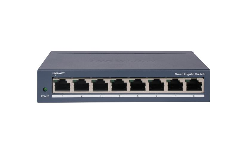Switch 8 porturi Gigabit Hikvision DS-3E1508-EI(V2), L2, Smart Managed, 8 ×gigabit RJ45 porturi, switching capacity 16 Gbps, network topology management, alarm push, network health monitor, material metal, dimensiuni: 170 mm × 27.6 mm × 93.1 mm, greutate:
