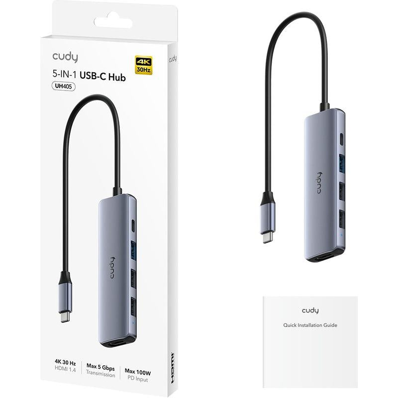 CUDY 5-IN-1 USB Hub, Aluminium housing,1 USB-C 3.0 5Gbps male connecter with 25cm cable, 1x 4K@30Hz HDMI Port, 1x 100W USB-C port for PD Charging, 1 USB-A 3.0 5Gbps Port, 2 USB-A 2.0 Data Ports,  compatible with MacBook, Mac Pro, Mac mini, iMac, Surface P