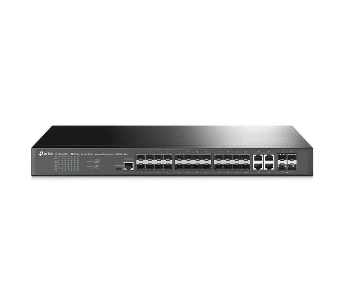 "JetStream™ 24-Port SFP L2+ Managed Switch with 4 10GE SFP+ Slots PORT: 20× Gigabit SFP Ports, 4× Gigabit SFP/RJ45 Combo Port