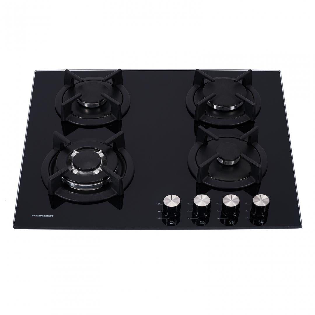 RESIGILAT | Plita incorporabila Heinner HBH-S584WI-GBK, Gaz, 4 arzatoare, Wok, Gratar fonta, Control frontal, Arindere electrica, Dispozitiv de siguranta, Duze GPL incluse, Dimenziuni (LxA): 59x52 cm, Culoare: Sticla Neagra HEINNER