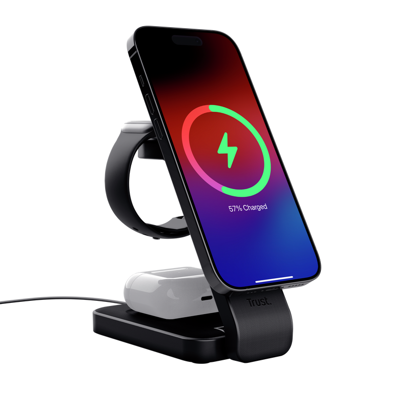 Stand de incarcare 3-in-1 Trust Viro, putere intrare 20W, interfata USB- C, compatibil cu produsele din brandul Apple: iPhone (12 si modele mai noi), Airpods si Apple Watch, negru