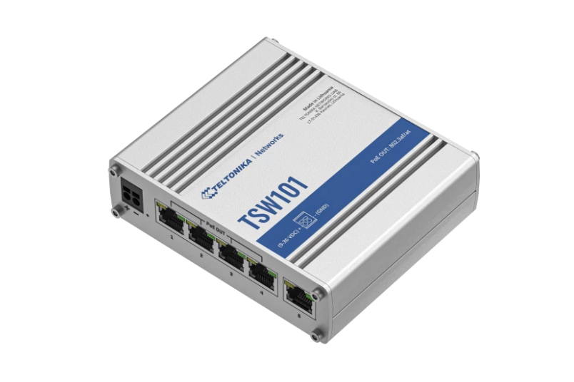 TELTONIKA AUTOMOTIVE 5PORT POE+ SWITCH TSW101, interfata: 5 x ETH ports, 10/100/1000 Mbps, supports auto MDI/MDIX crossover, Standarde retea: 802.3i, 802.3u, 802.3ab, 802.3x, 802.3az, 802.3ad, Porturi POE: 1-4, Buget POE: 60W, Lungime cablu max: 100m, Lat