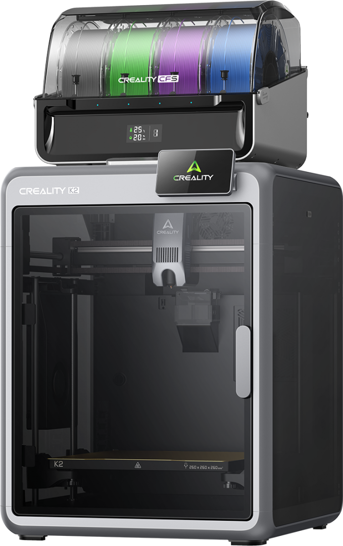 CREALITY K2 COMBO FDM 3D PRINTER, include un sistem CFS multi-color, suporta pana la 4 sisteme CFS - 16 culori, Tehnologie: FDM, Volum printare: 260 × 260 × 260 mm, 18.3 kg, Viteza printare / accelerare: 600 mm/s, 20000 mm/s², Temperatura duza: 300 °C, Mo