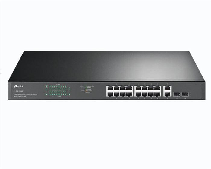 "18-Port Gigabit Rackmount Switch with 16-Port PoE+ PORT: 16× Gigabit PoE+ Ports, 2× Gigabit Non-PoE Ports, 2× Combo Gigabit 