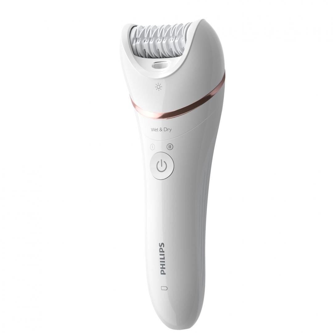Epilator umed si uscat PHILIPS Seria 8000 BRE730/10, 7 accesorii, 32 pensete, Utilizare fara fir, 2 setari viteza, Opti-light, Discuri ceramice, Argintiu, L x A x I (mm) 65x210x185