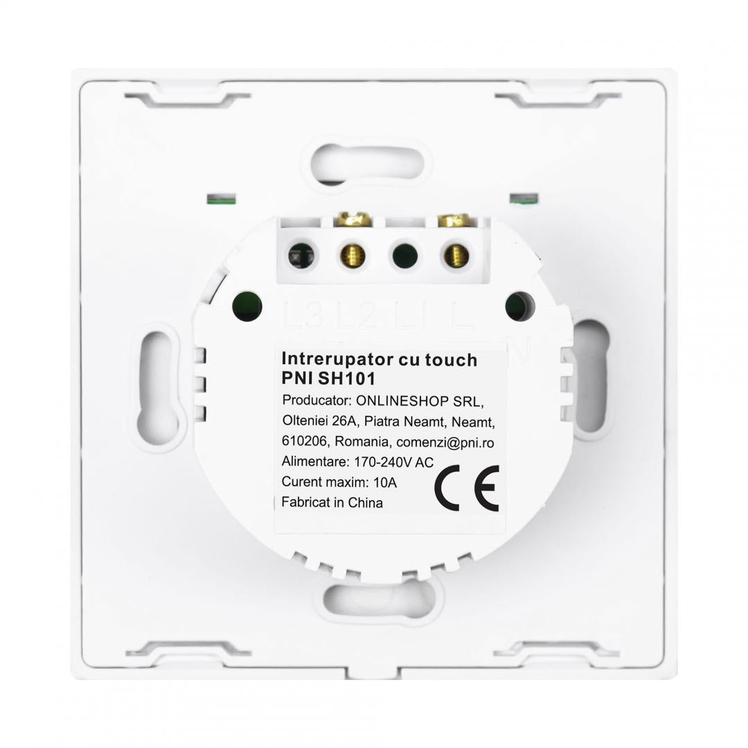 Intrerupator cu touch PNI SH101 alb cu LED indicator cu panoul frontal din sticla temperata transparenta, iar carcasa din spate rezistenta la foc. Poate fi utilizata la o putere maxima de 100W pentru becurile cu LED, iar pentru becurile clasice de maxim 2